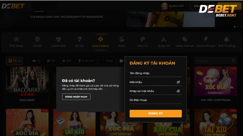 Hướng dẫn đăng ký tài khoản Casino Debet đơn giản